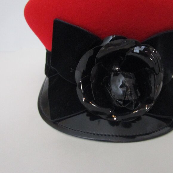 Mushroom Red Wool Visor Brim Cap Hat Patent Leather Brim Flower - Picture 7 of 14